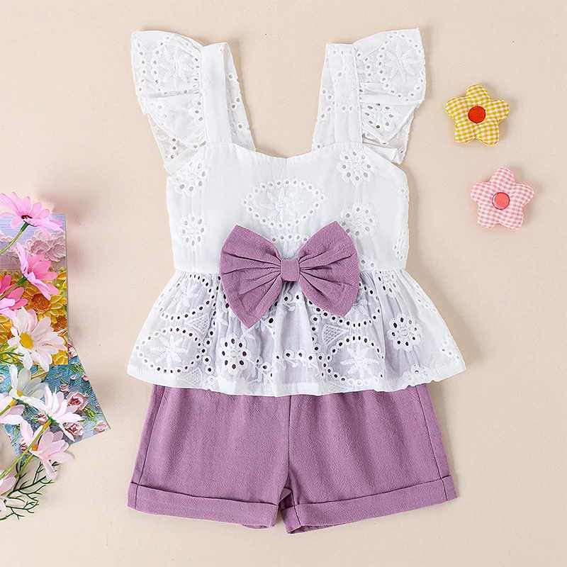 Clothing Sets Pudcoco Girls Shorts Set Ruffles Flutter Sleeve Hollow Eyelet Embroidery Camisole Tops Elastic Waistband Shorts Outfits 6M-4T R240708