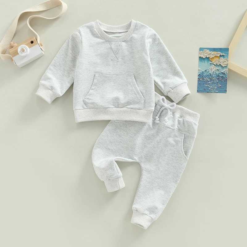 Clothing Sets 0-3Y Baby Autumn Clothes Set Girls Boys Solid Color Casual Outfits Toddler Kids Long Sleeve Pocket Sweatshirts Tops Pants Set R240708
