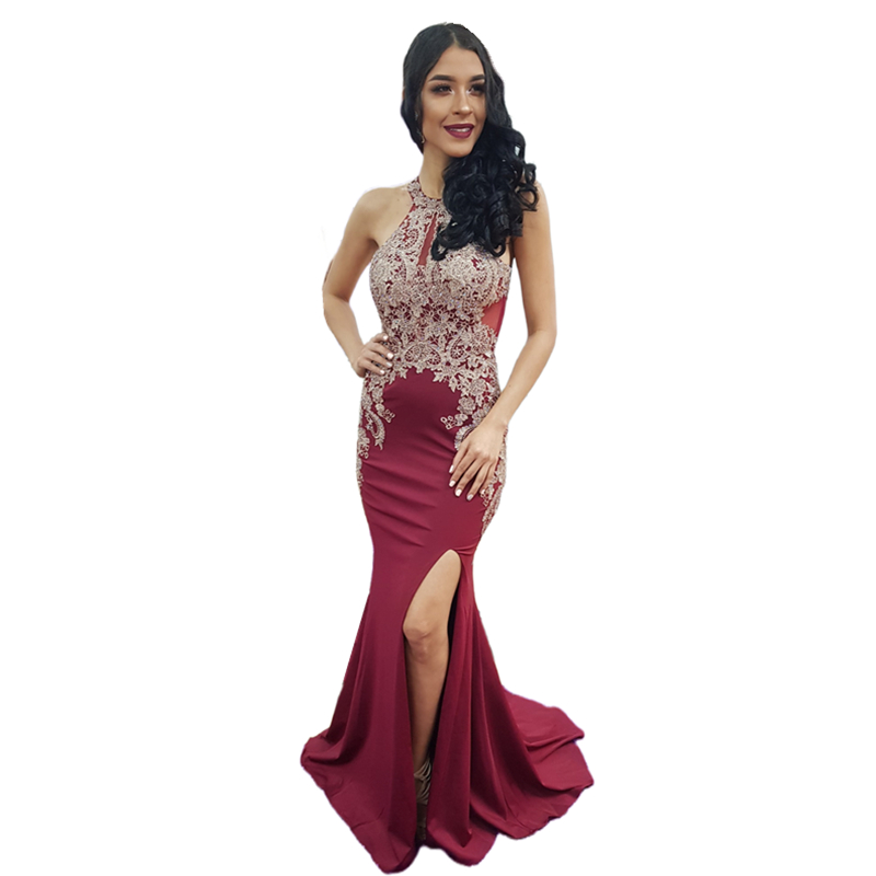 Halter Backless Mermaid Prom Dresses Lace Appliques Sleeveless Long Burgundy Satin Evening Gowns Side Slit Charming Birthday Party Dress Special Occas