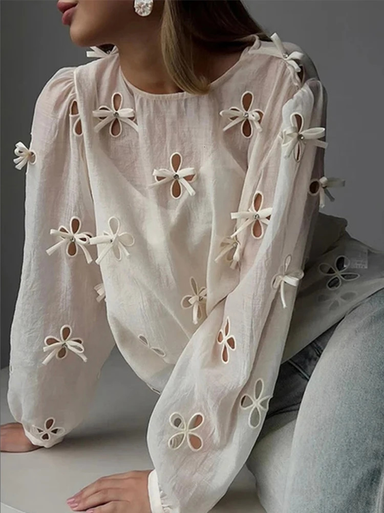 Bow Hollow Out Women Blouse O-neck Lantern Sleeve Loose Embroidery Female Shirt 2024 Spring Summer Fashion Solid Lady Shirts 240703