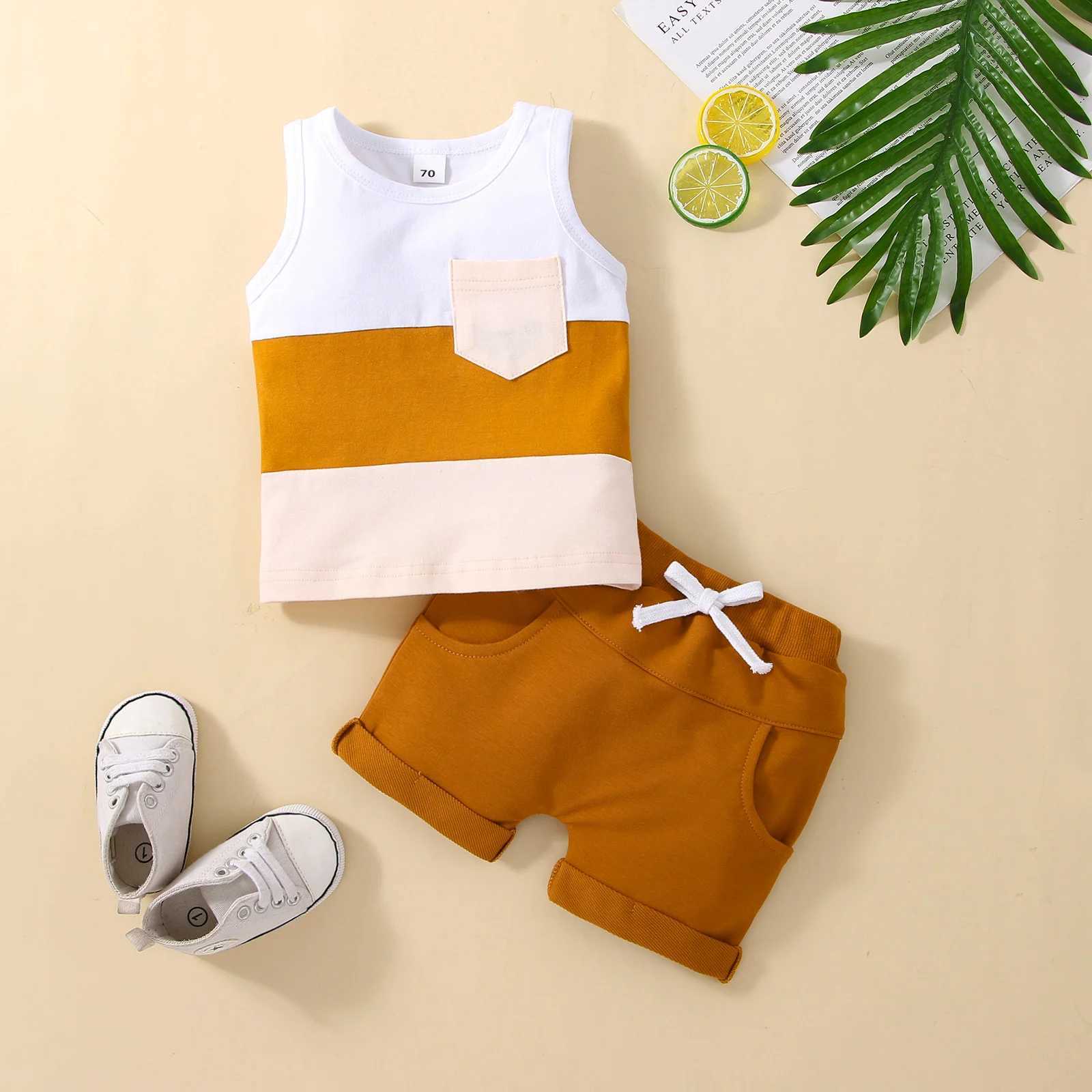 Clothing Sets Infant Baby Boys 2PCS Pants Suit Sleeveless Patchwork Crew Tank Tees + White Straps Short Pants Toddler Boys Casual Outfit R240708