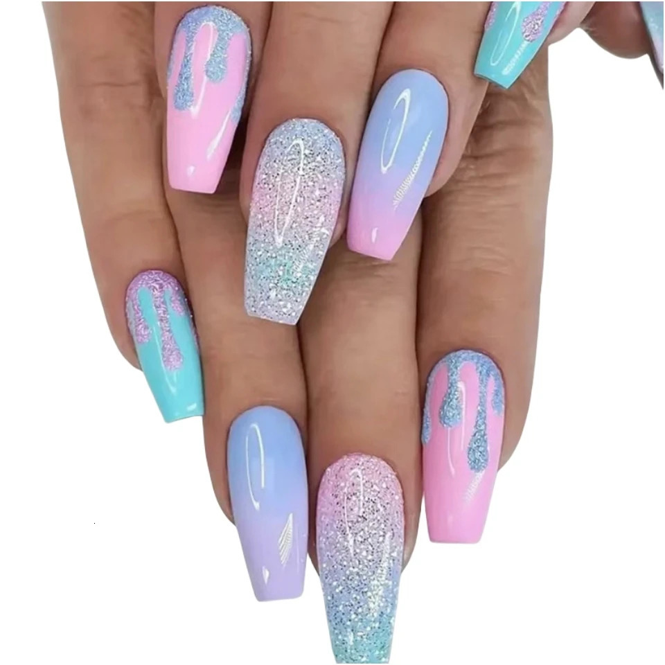 24Pc/Lot Light Pink Blue Gradient Long Ballet False Nail Acrylic Pressing Nail Tip Detachable Artificial Wear False Nail Art 240705