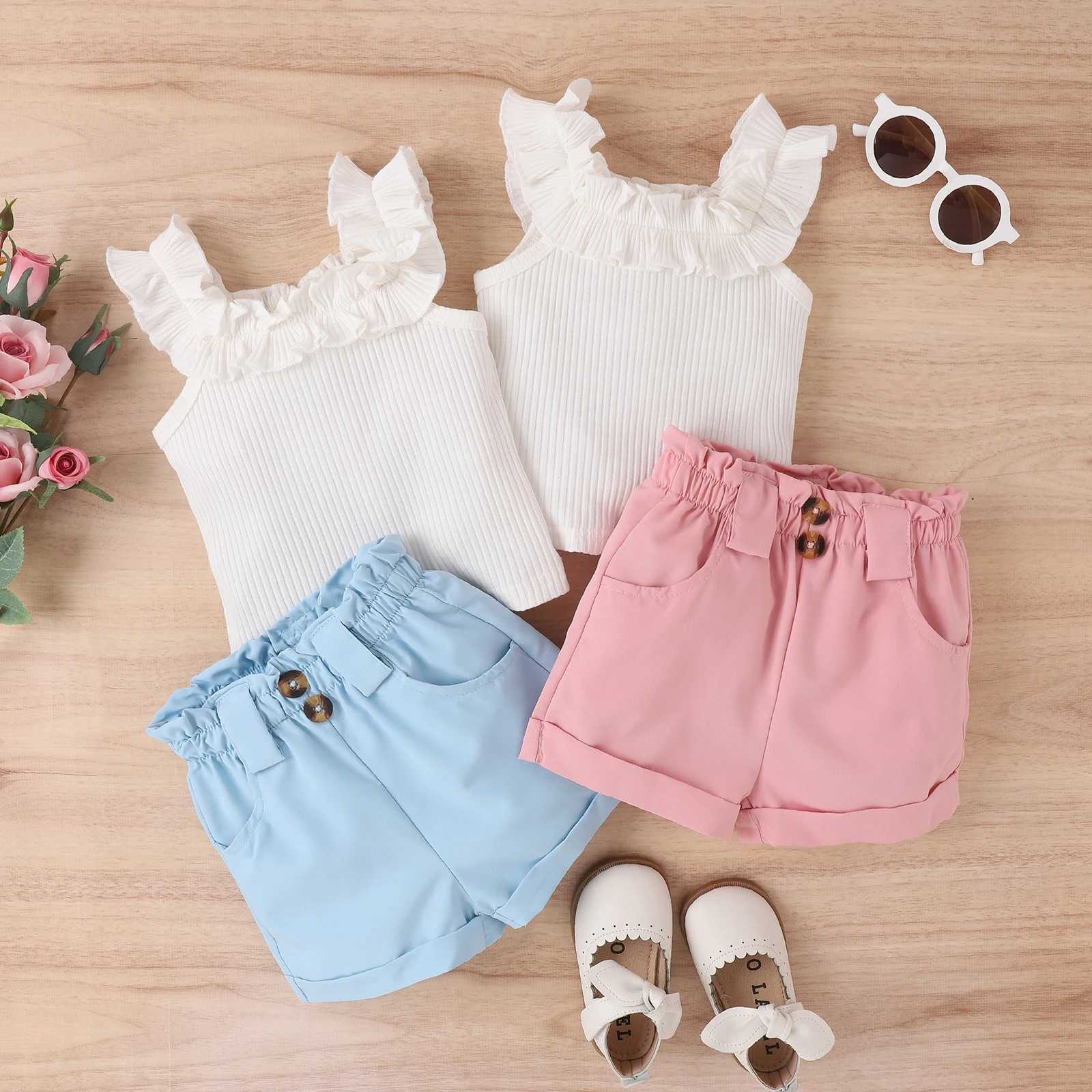 Clothing Sets Toddler Kids Baby Girls Summer Outfit Sets White Sleeveless Ruffle Ribbed Tops + Solid Color Shorts 2Pcs Set 6M-5T R240708