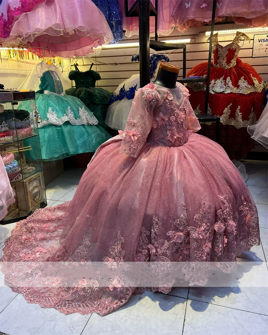 New Arrival Dust Pink wer Girls Dress Long Sleeves Princess Applique Pearls Crystals Beads Child Birthday Party Ball Gown