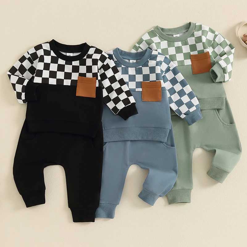 Clothing Sets 0-4Y Toddler Boys Fall Outfits Checkerboard Print Long Sleeve Pocket Sweatshirt and Pants Sets Kids Clothes Boy Tracksuits R240708