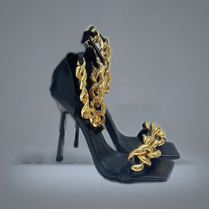 Designer Luxury Brand Ladies Dress Shoes Calfskin High Heels Metal Chain Sandals Women Square Head Ankle Strap Stil