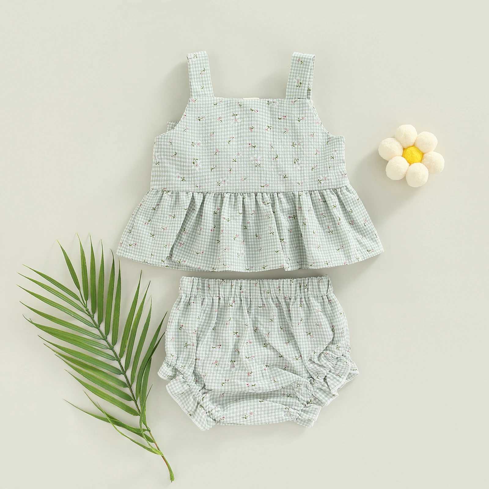 Clothing Sets Infant Baby Girl 2 Pcs Outfits Suit Plaid Pattern Floral Printed Bowknot Suspender Tops Shorts Set For Summer R240708