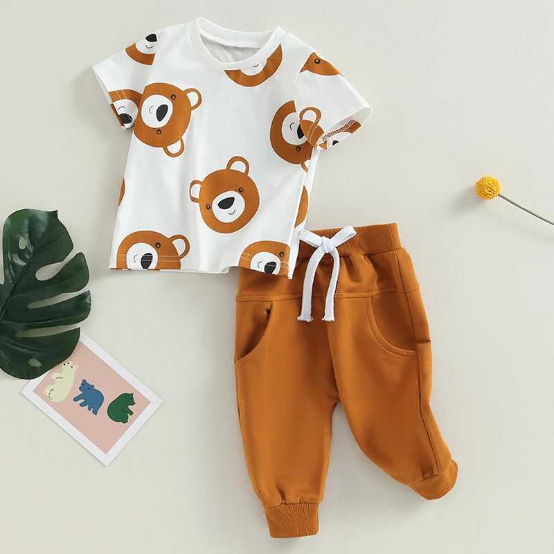 Clothing Sets 2023-05-23 Lioraitiin 0-3Years Toddler Baby Boy 2Pcs Summer Outfits Short Sleeve Bear Print Tops Solid Pants Set Clothes R240708