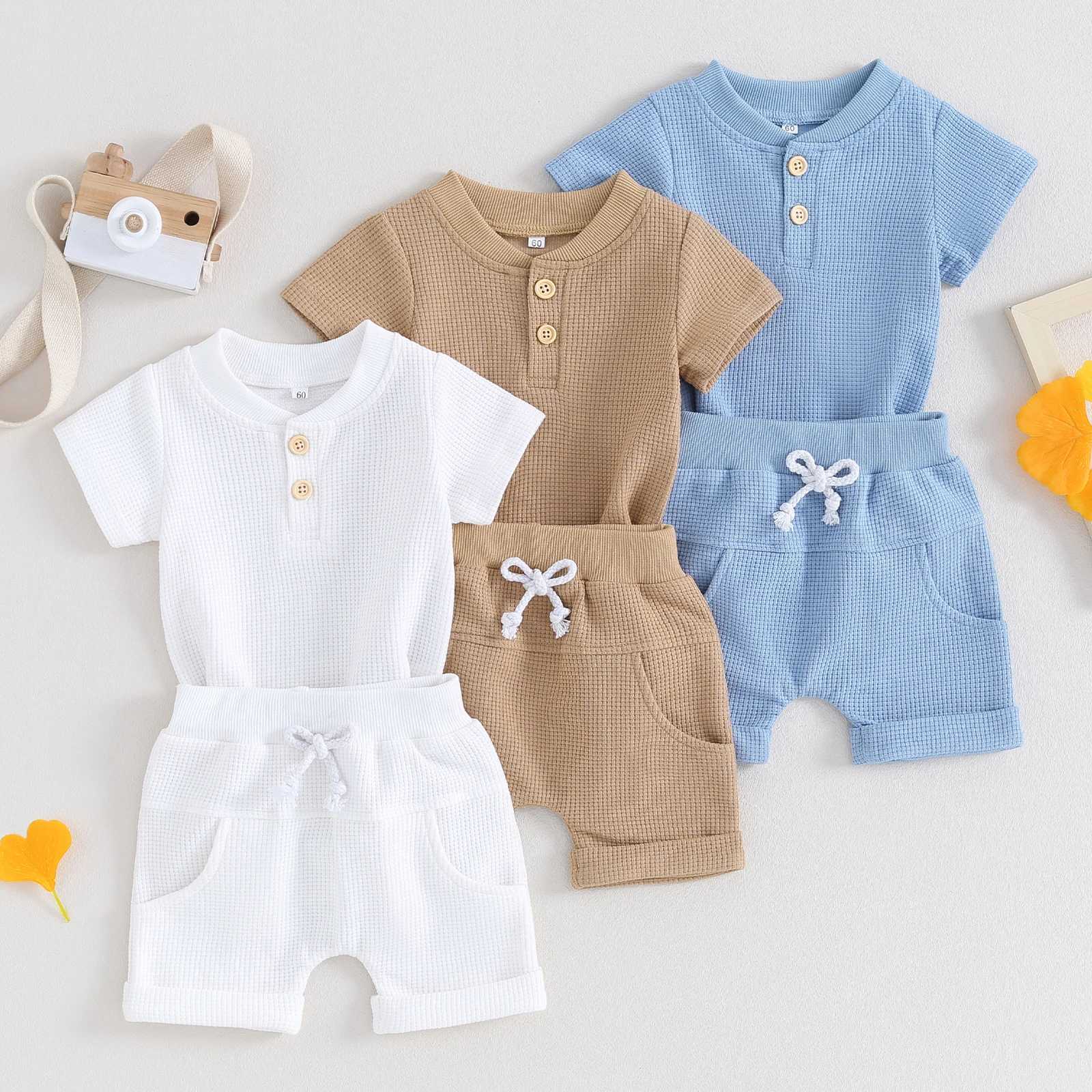 Clothing Sets Pudcoco Toddler Newborn Baby Boy Summer Clothes Solid Color Waffle Short Sleeve Button Romper with Shorts 2Pcs Outfit 0-12M R240708