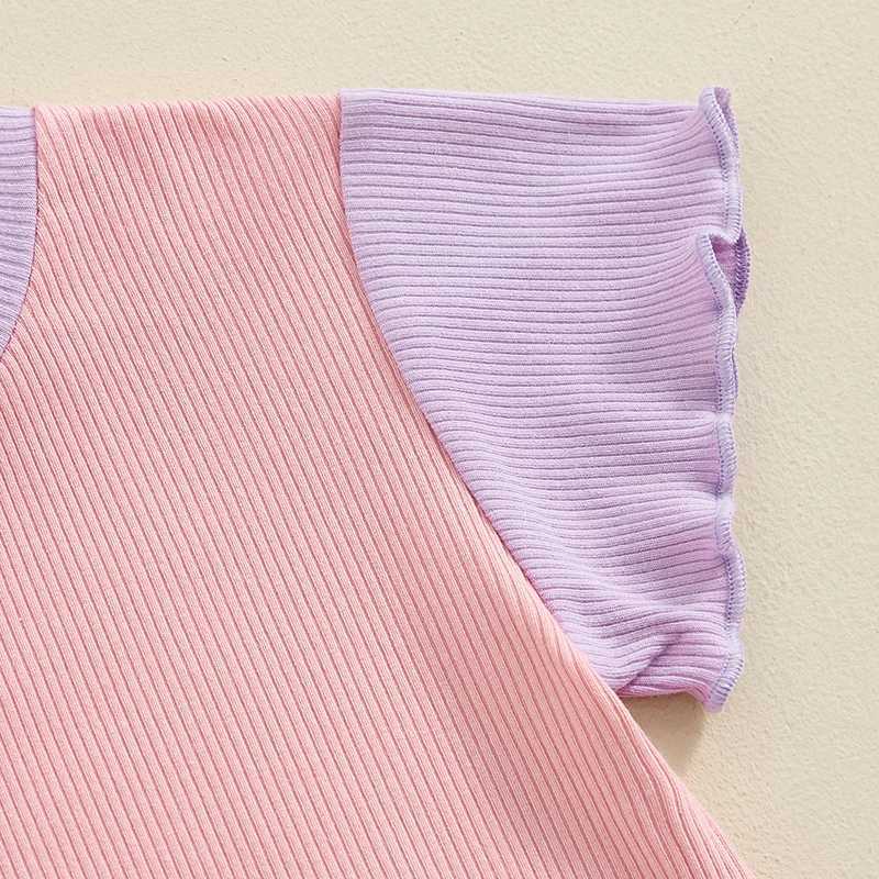 Clothing Sets 2024-04-10 Lioraitiin Kids Girls Shorts Set Contrast Color Short Sleeve Crew Neck T-shirt with Shorts Summer Outfit R240708