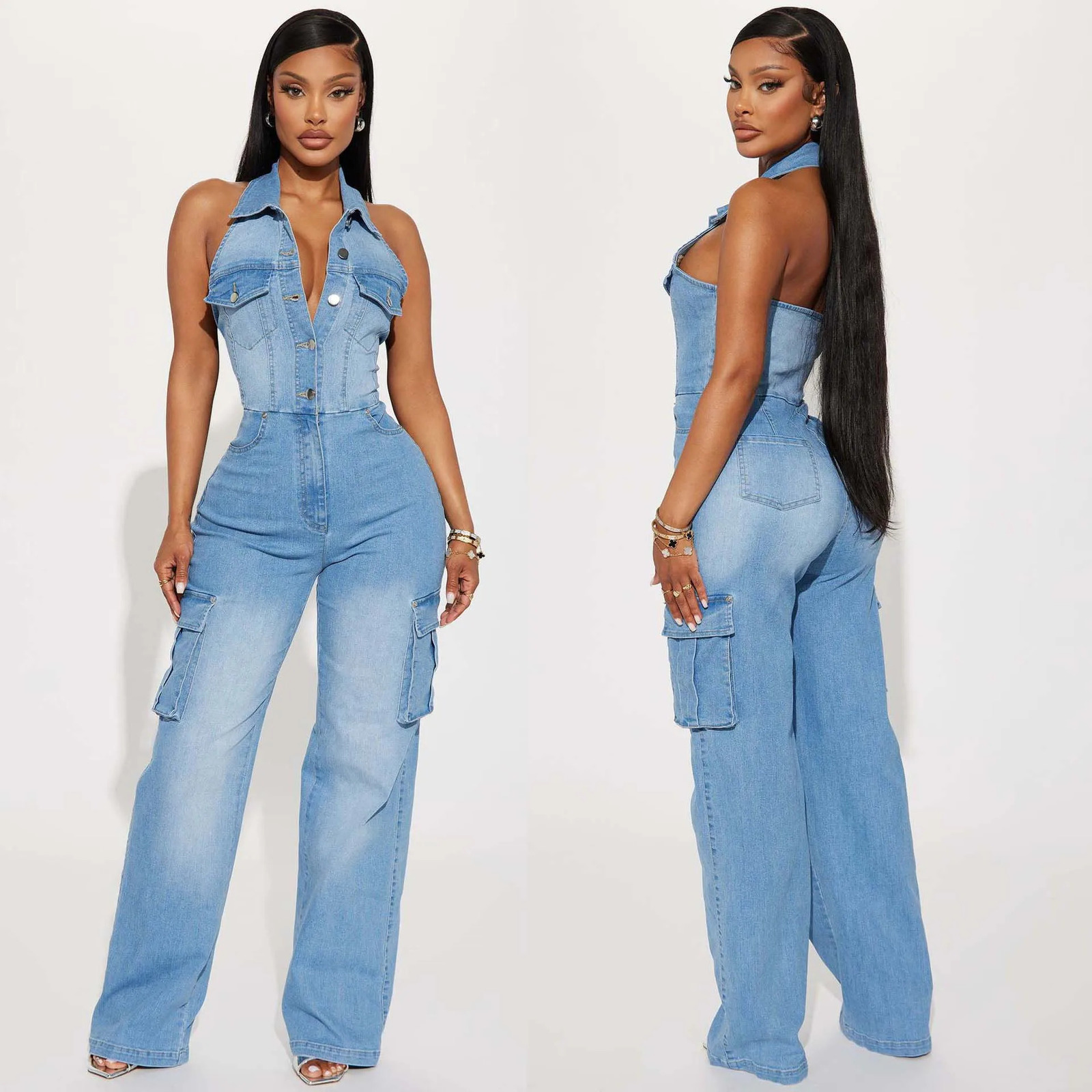 Sexy Denim Jean Jumpsuit 2024 Women Summer Clothes Pocket Cargo Pants Y2K Streetwear One Piece Denim V Neck Rompers Jumpsuits 240701