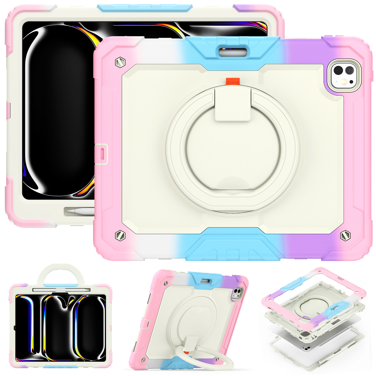 Heavy Duty Case For 2024 iPad Pro 13 Air 13 M2 Folding Handle Grip 360 Rotation Stand Hybrid Armor Tablet Cover Shockproof Cases with Shoulder Strap S