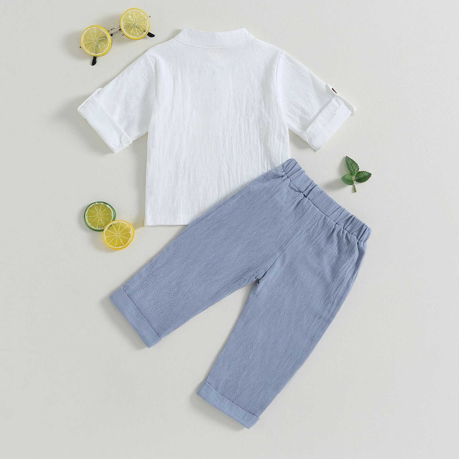 Clothing Sets Pudcoco Kid Baby Boys Summer Outfits Solid Color Buttons Short Sleeve Shirts and Elastic Waist Long Pants 2Pcs Clothes Set 6M-4T R240708