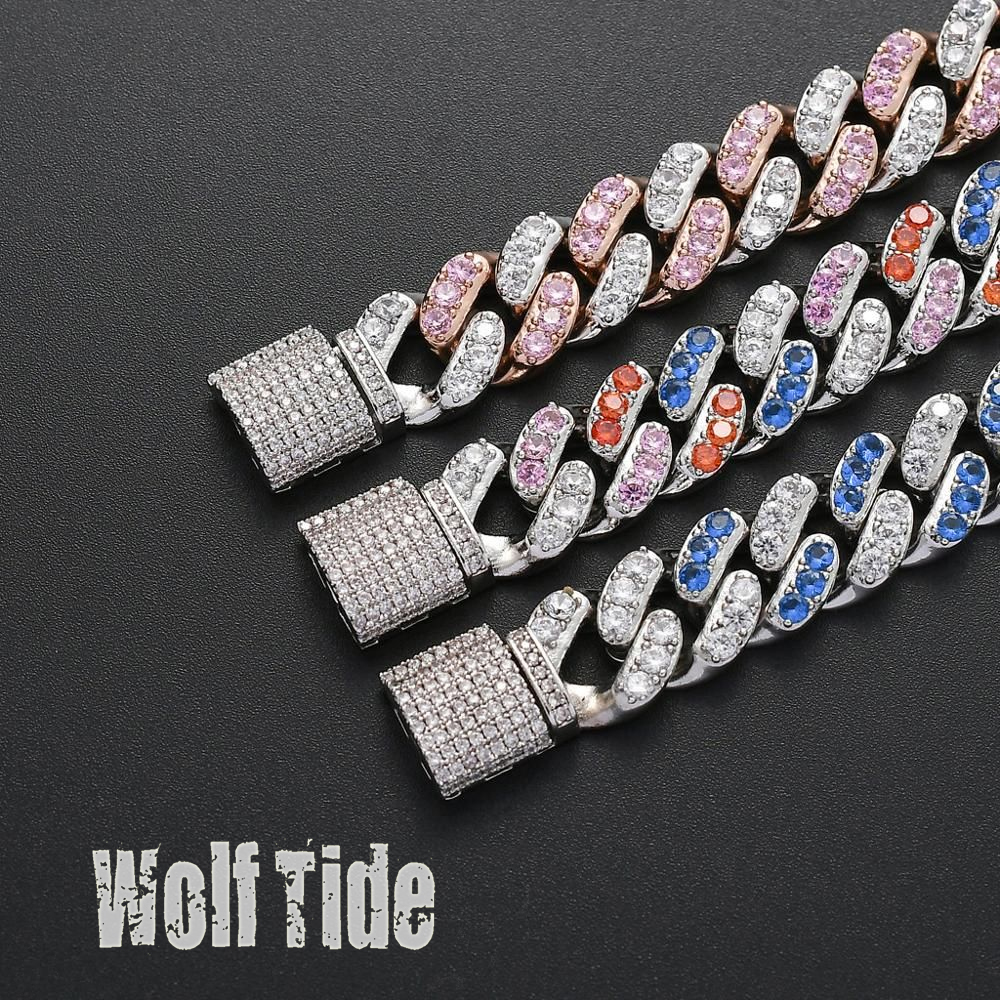 Wolf Tide Fashion Charms Hip Hop Cuban Link Chain Bracelet Mens Iced Out Pink Crystal cz Zircon Bangle Jewelry for Men Women Curb Chains Bracelet Part