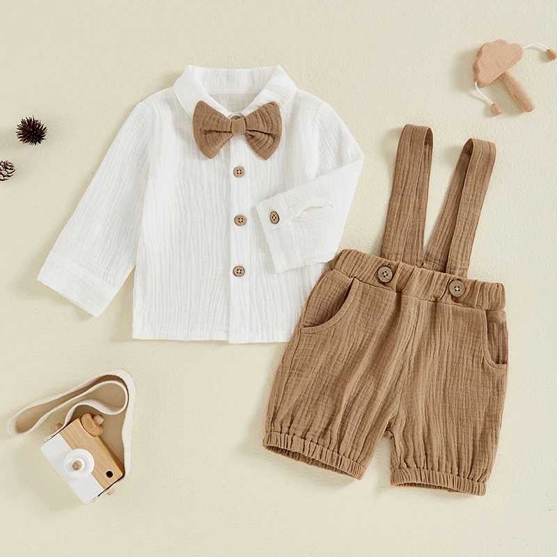 Clothing Sets 0-4Y Toddler Boys Autumn Outfits Long Sleeve Lapel Shirts with Bow Tie + Solid Color Shorts Overall Sets Kids Gentleman Clothes R240708