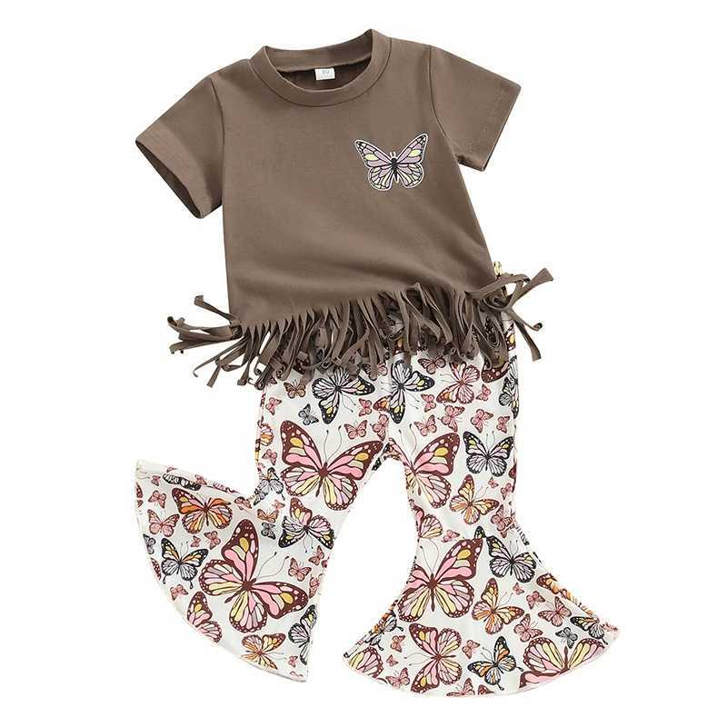 Clothing Sets Lioraitiin Toddler Kids Baby Girls Summer Clothes Sets Short Sleeve Tassel Hem T-shirts Butterfly Print Flared Pants Outfits R240708
