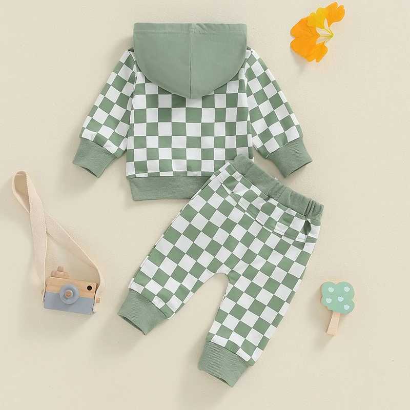 Clothing Sets Toddler Boys Fall Outfits Checkerboard Print Hooded Long Sleeve Hoodies Sweatshirts and Long Pants 2Pcs Clothes Set R240708