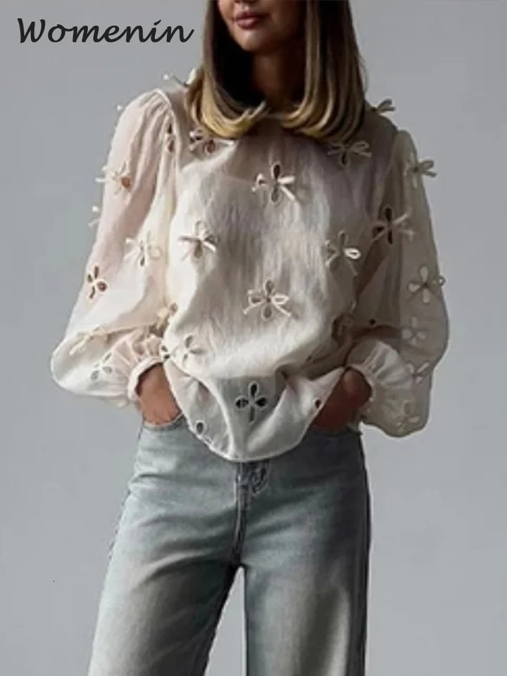 Bow Hollow Out Women Blouse O-neck Lantern Sleeve Loose Embroidery Female Shirt 2024 Spring Summer Fashion Solid Lady Shirts 240703