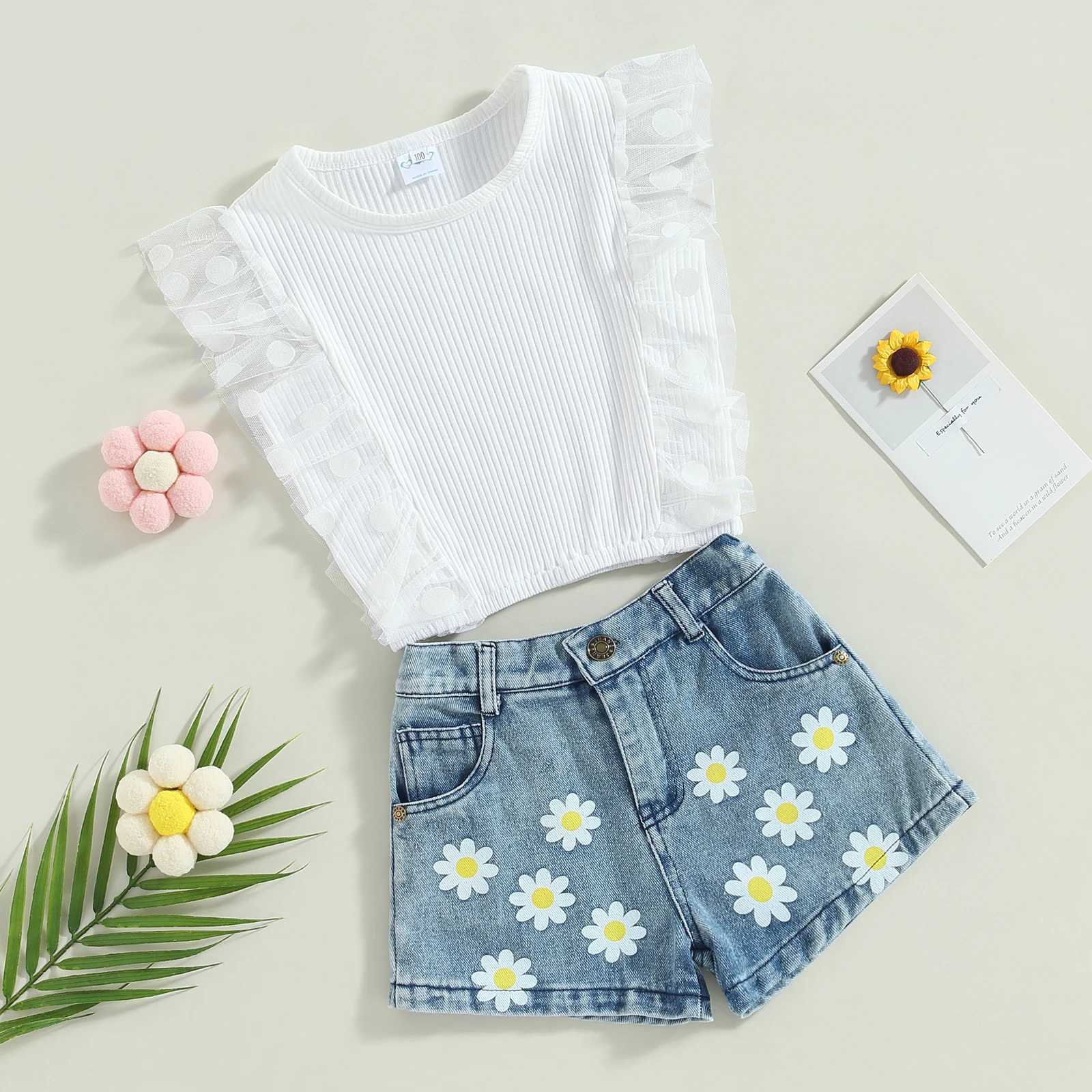 Clothing Sets Toddler Kids Baby Girls Summer 2PCS Outfit Sets White Ruffle Sleeve Ribbed Tops + Daisy Print Denim Shorts 1-6T R240708