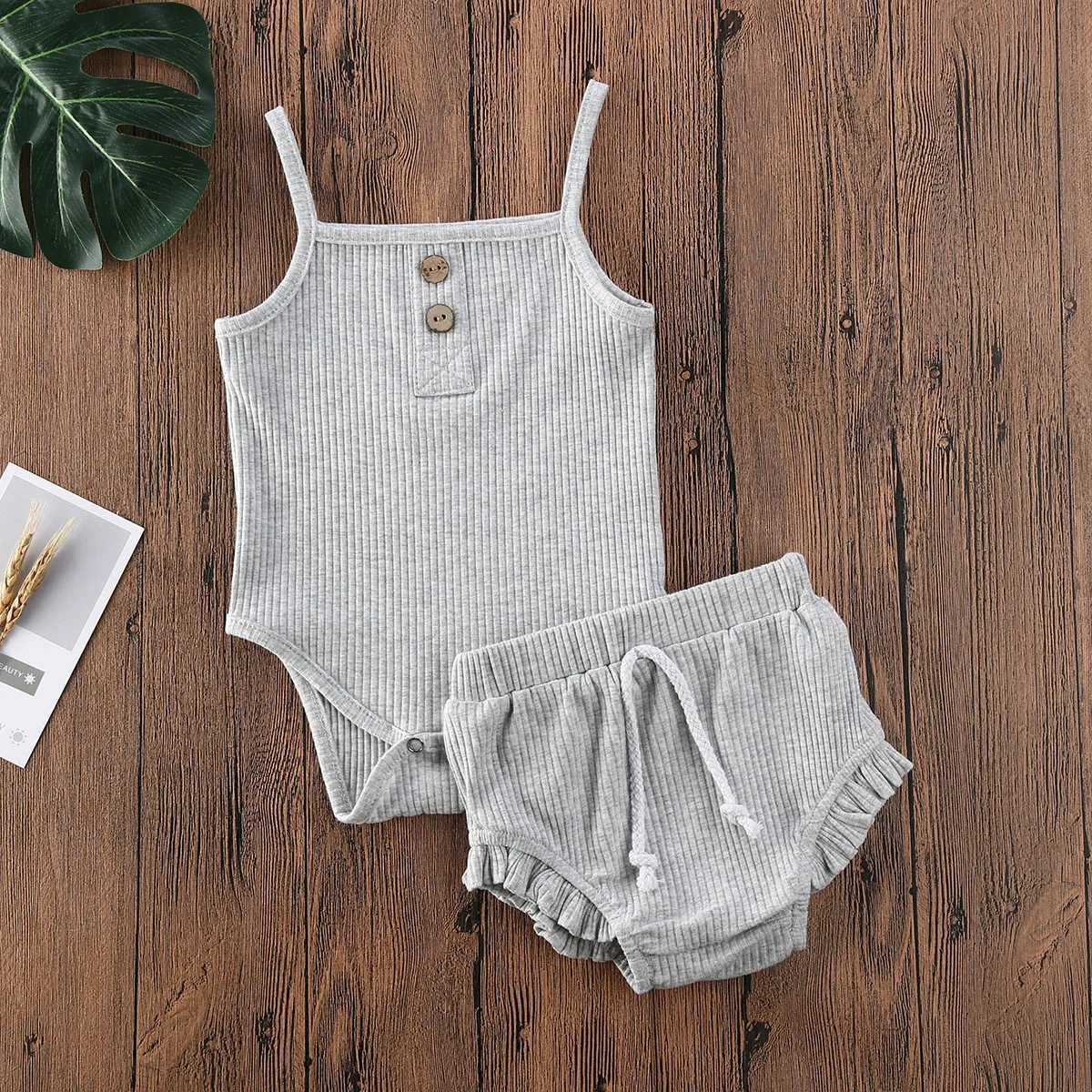 Clothing Sets 2020 Baby Summer Clothing 2PCS Newborn Baby Girl Solid Clothes Knitted Vest Crop Tops Vest Shorts Pants Ribbed Outfit R240708