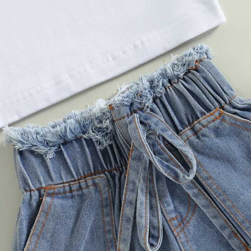 Clothing Sets 2023-03-07 Lioraitiin 0-4Years Toddler Baby Girls 2Pcs Summer Outfit Short Sleeve T-shirt Elastic Bandage Denim Shorts Set R240708
