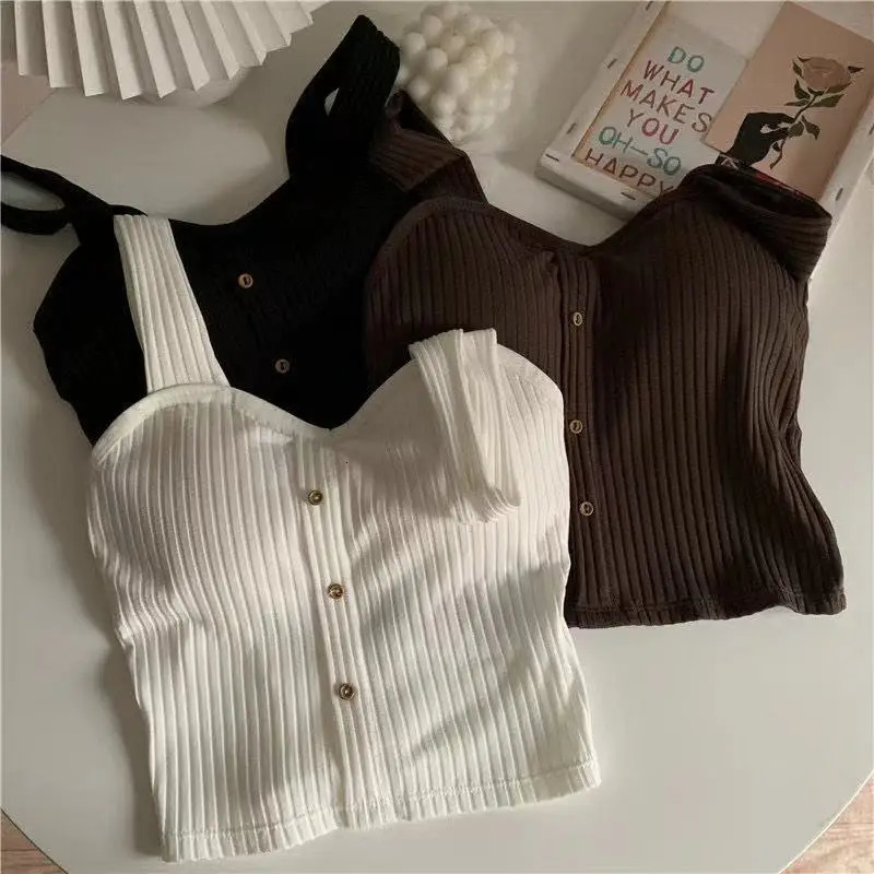 Cute Sleeveless Cropped Tank Top Womens Crop Top Summer Korean Corset Top Camisole Knit Sexy Slim Vest Bra Tops Female Y2k 240703