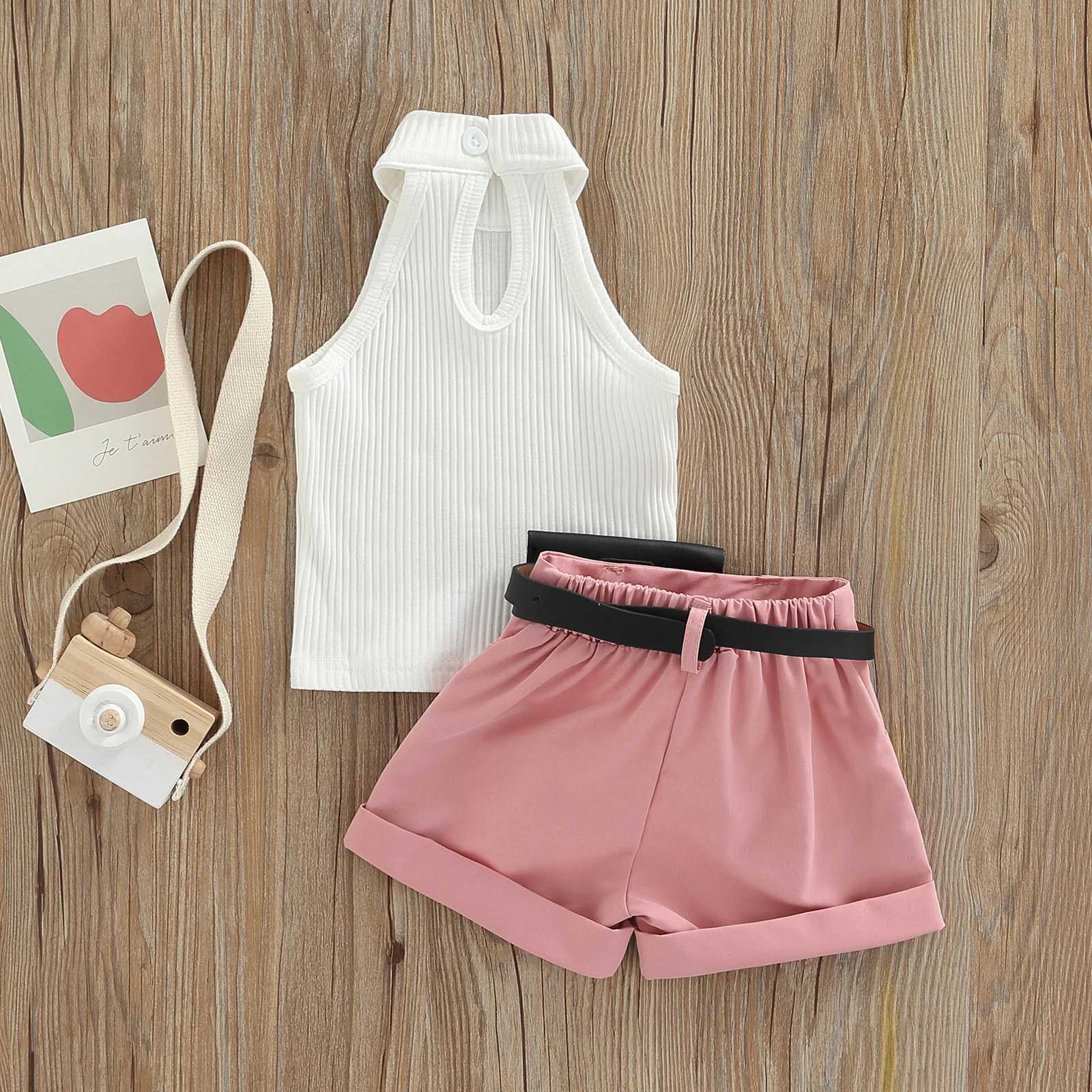 Clothing Sets Little Girl Three-Piece Outfits Solid Color Sleeveless Ribbed Stand-Up Collar Tops + Belted Short Pants + Small Waist Pack 6M-4T R240708