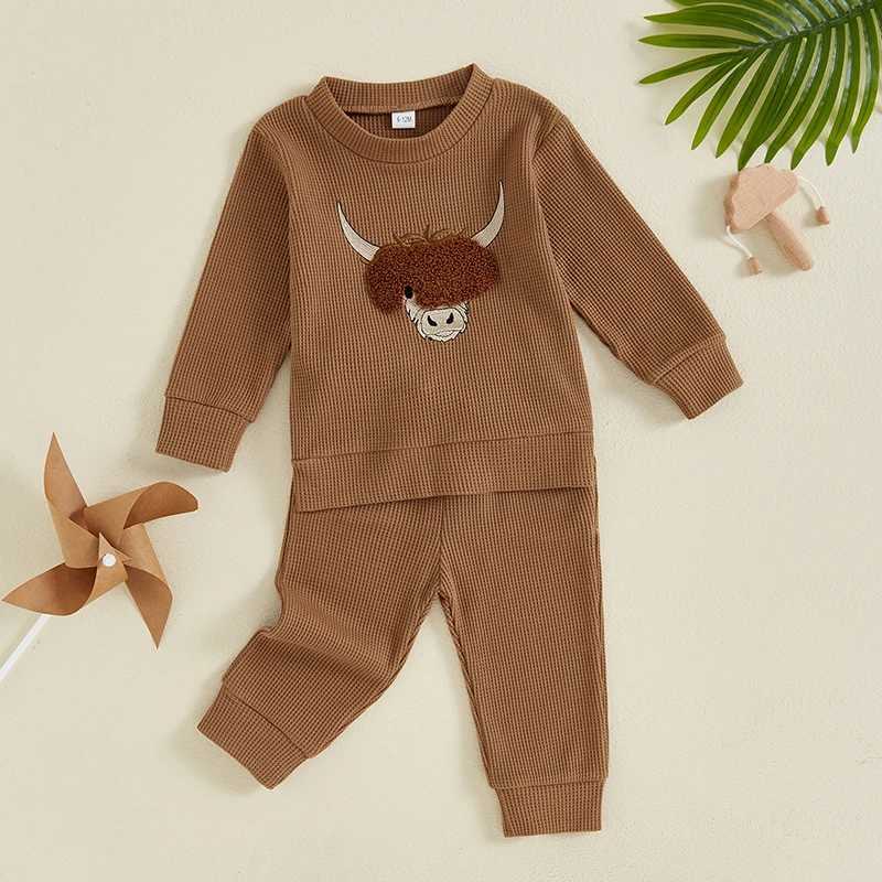 Clothing Sets 0-4Y Toddler Boys Spring Fall Pant Sets Cow Embroidered Long Sleeve Pullover Sweatshirt and Long Pants Outfits Kids Clothes Cute R240708