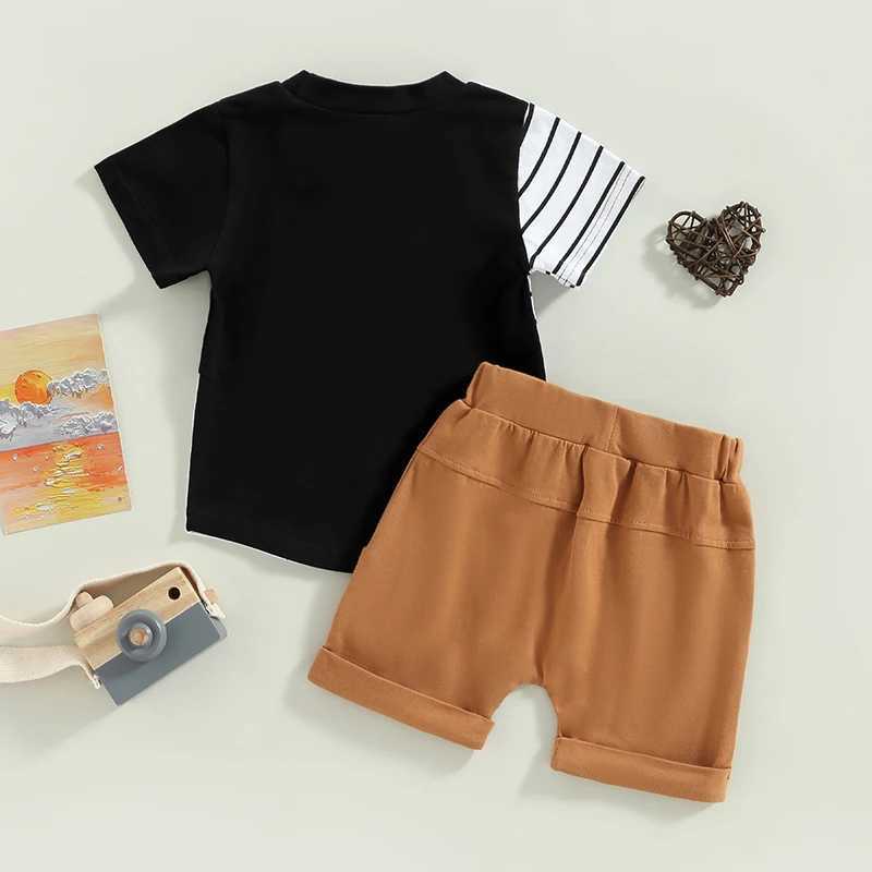 Clothing Sets 2023-02-14 Lioraitiin 0-3Years Toddler Baby 2Pcs Summer Outfits Patchwork Short Sleeve Contrast Color Tops Pocket Shorts Set R240708