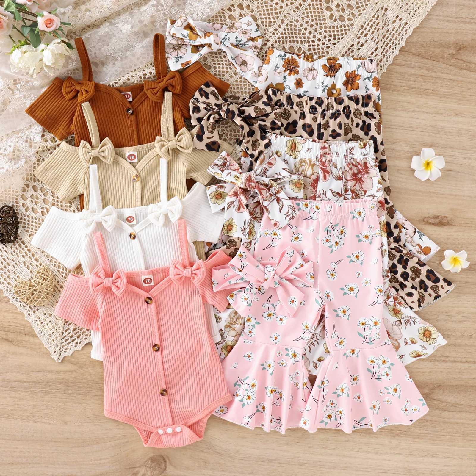 Clothing Sets Infant Newborn 3Pcs Baby Girl Spring Outfits Short Sleeve Cold Shoulder Romper + Flare Pants + Headband Set R240708