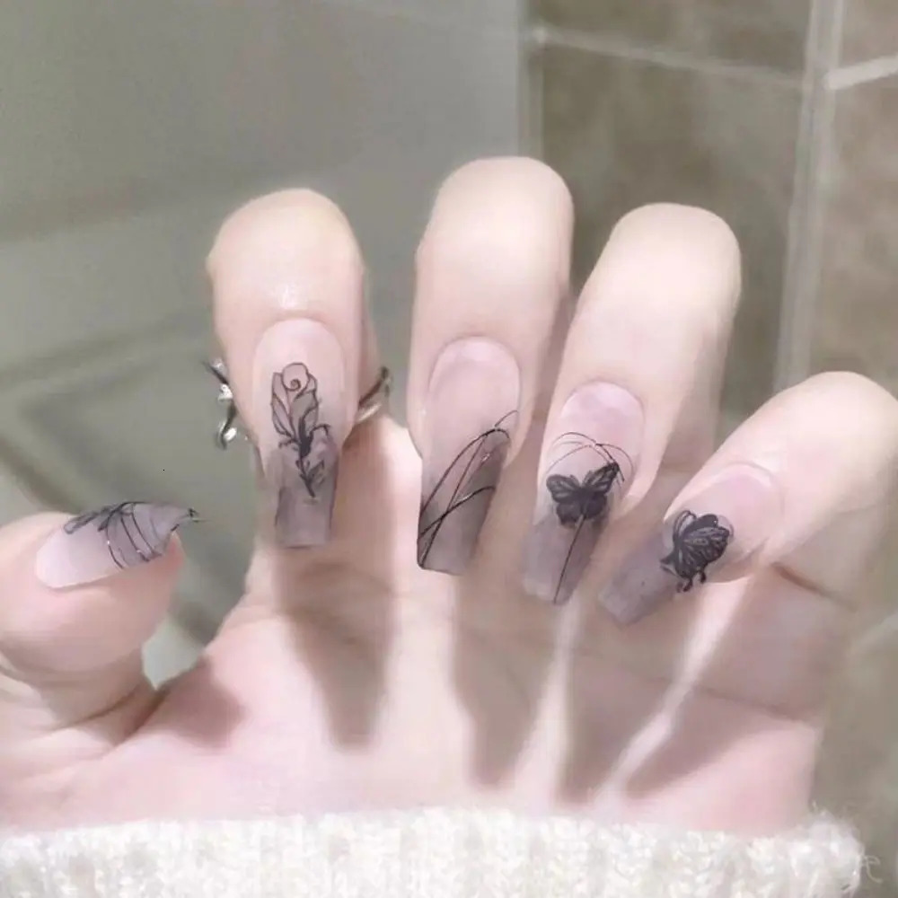 Ink Wear Nail Rose Nail Patch Dark High Grade Nail Wearing Sense Long Section Nail Patch White Nail Patch 240705