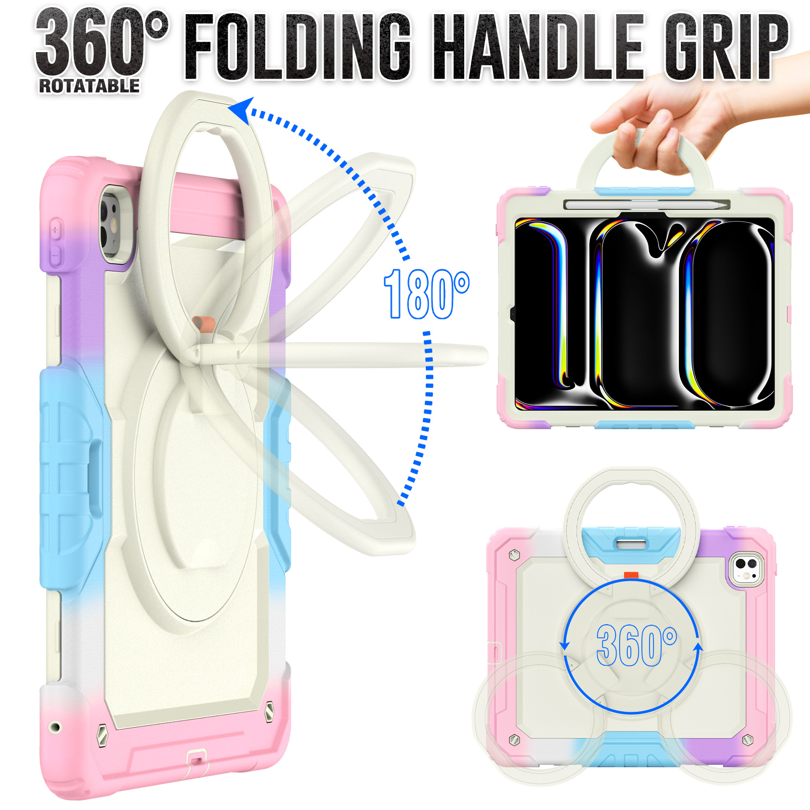 Heavy Duty Case For 2024 iPad Pro 13 Air 13 M2 Folding Handle Grip 360 Rotation Stand Hybrid Armor Tablet Cover Shockproof Cases with Shoulder Strap S