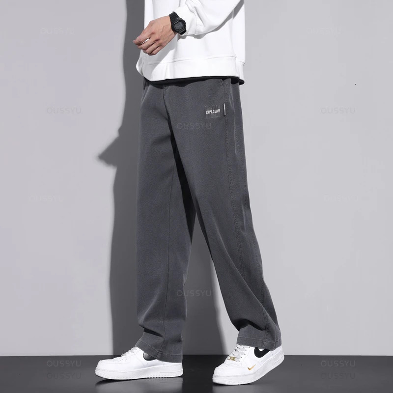High Quality Soft Lyocell Fabric Pants Men Elastic Waist Baggy Straight Autumn Winter Thick Casual Wide Trousers Male Plus Size 240627