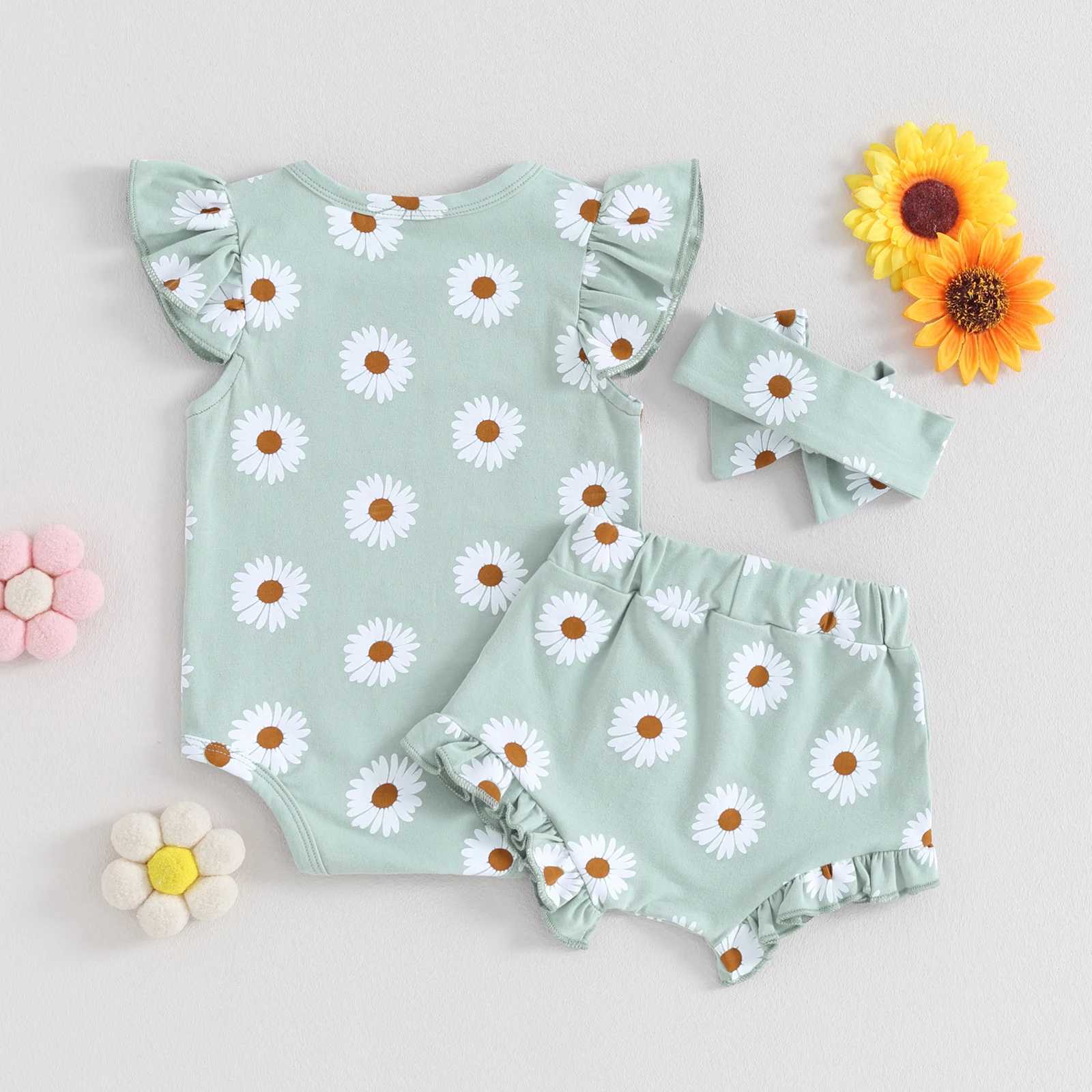 Clothing Sets Pudcoco Infant Newborn Baby Girl 3 Piece Clothes Daisy Print Romper and Ruffle Elastic Shorts Headband Set Summer Outfits 0-18M R240708
