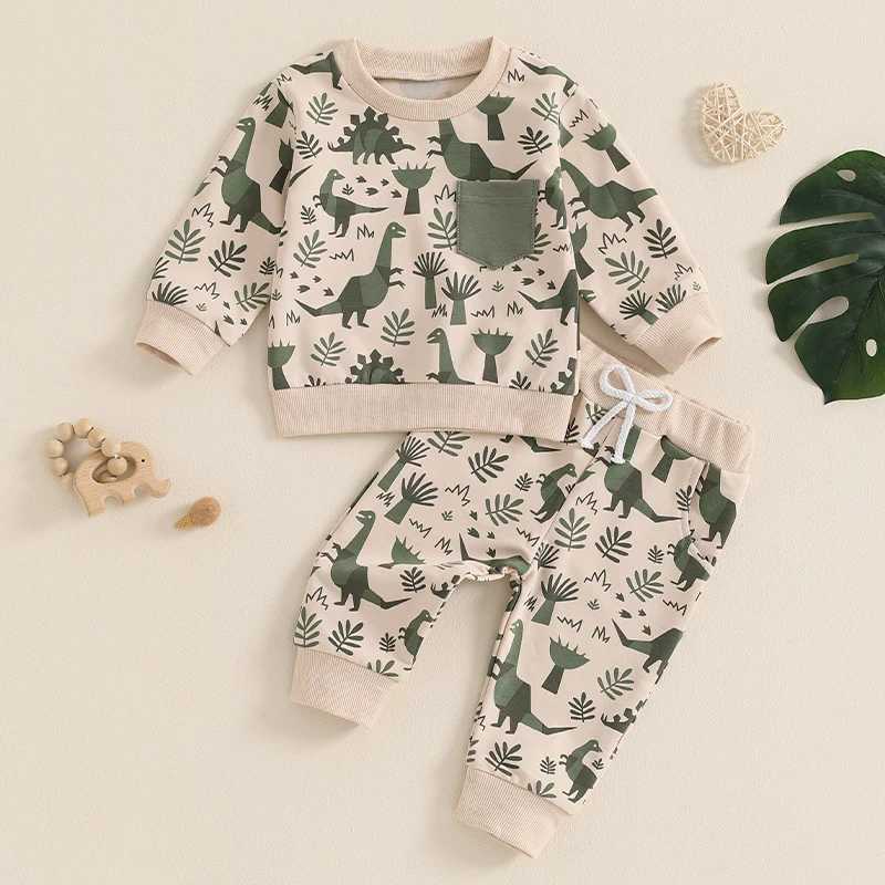 Clothing Sets Toddler Boys Fall Outfits Dinosaur Print Pocket Long Sleeve Sweatshirts and Long Pants 2Pcs Set Kids Casual Clothes R240708