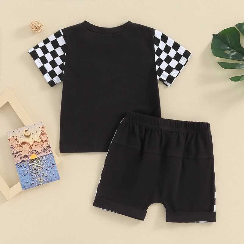 Clothing Sets 2023-12-25 Lioraitiin Toddler Baby Boy Summer Outfits Checkerboard Short Sleeve Tops + Patchwork Shorts Set Clothes R240708