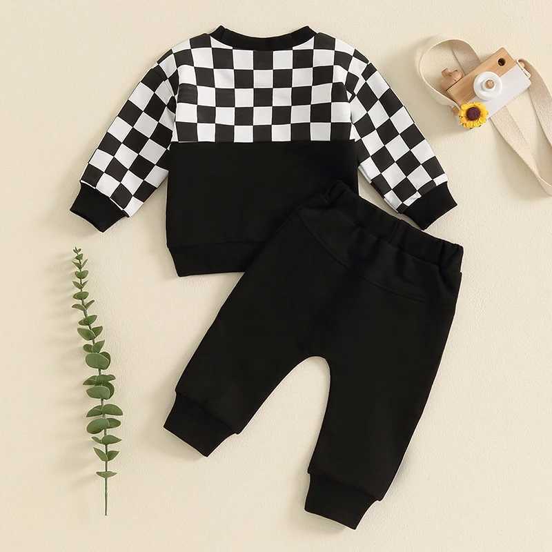 Clothing Sets 0-4Y Toddler Boys Fall Outfits Checkerboard Print Long Sleeve Pocket Sweatshirt and Pants Sets Kids Clothes Boy Tracksuits R240708