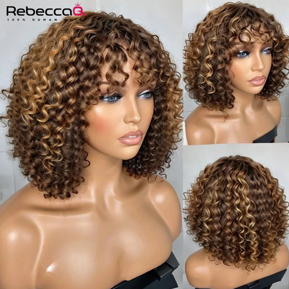 Short Curly Bob Human Hair Wigs With Bangs Full Machine Made Wigs Highlight Honey Blonde Colored Wigs For Women Remy Hair 240705
