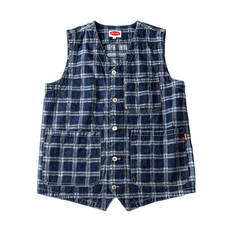 American Casual Retro Plaid Denim Vest with Multiple Pockets Denim Sleeveless Check Workwear Vest Vintage Amekaji Y2k Youth Male 240704