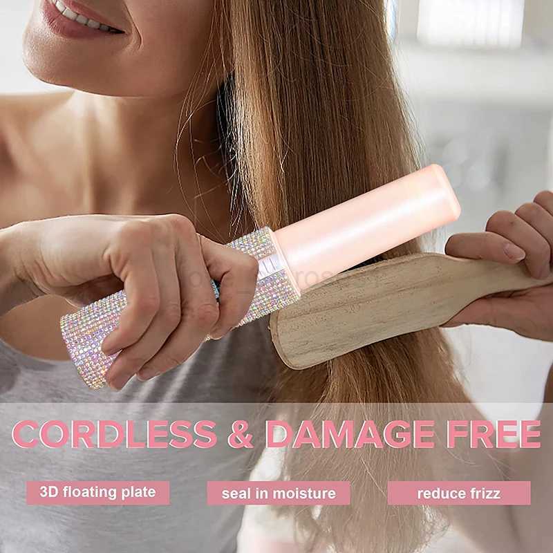 2-IN-1 Electric USB Hair Straightener Curler Fashion Colored Diamond Design Wireless Travel Hair Straightening Styler BrushM240708
