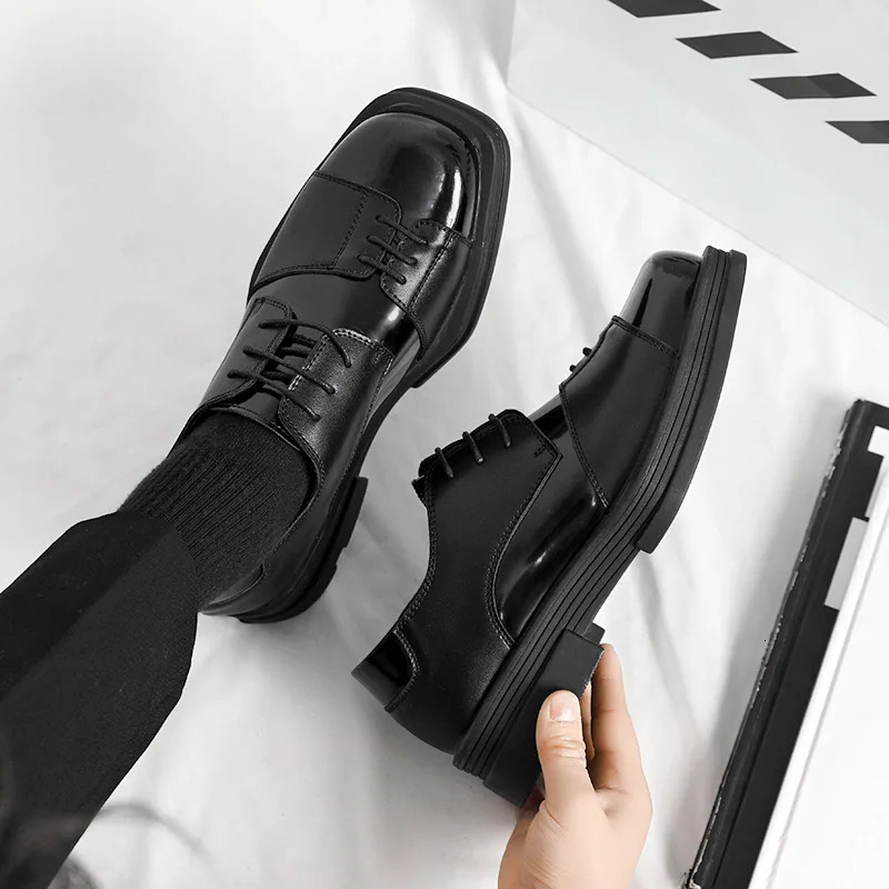Men Genuine Leather Derby Vintage Square Toe Male Lace Up Platform Dress New Black Business Footwear Wedding Shoes 240702