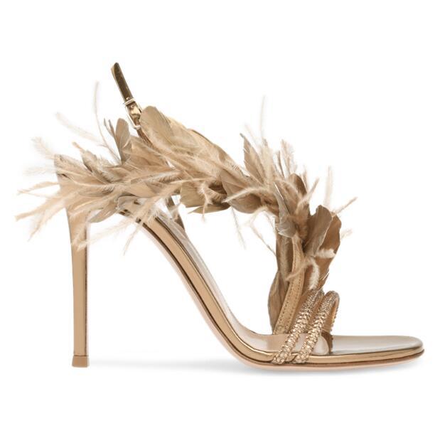 Exquisite Feathers Wedding Shoes Open Toe Sheepskin 9.5 CM High Heels Lady Formal Party Dresses Stiletto Heel
