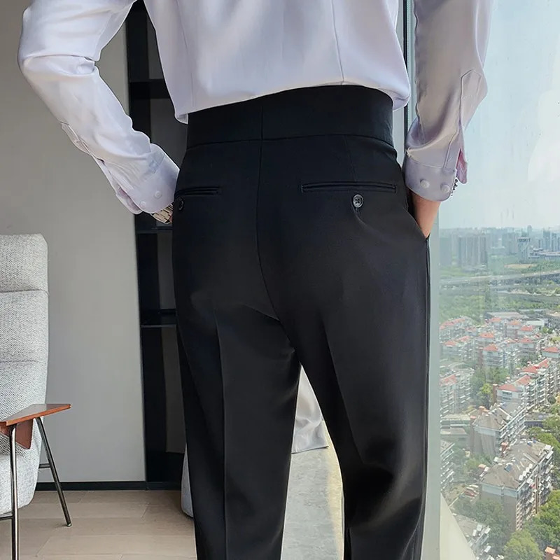 British Mens Trousers High Waist Business Casual Work Suit Pants Button Belt Slim Fit Dress Clothes Male Khaki White Black 240627