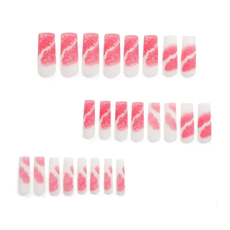 24 pieces of Valentines Day rectangular novel red lip nails with 1 file and 1 jelly gel 240705