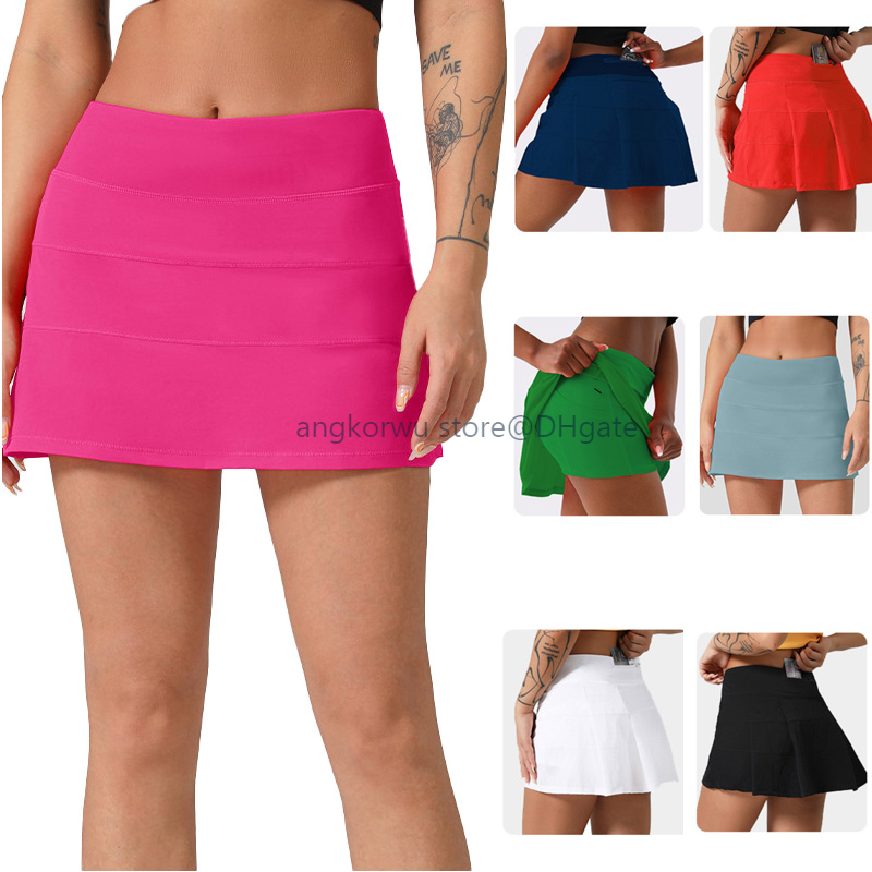 L604 Designer Yoga Skirt Sports Quick Dry Tennis Skirts Mini Varsity Skirt Breathable Golf Fitness Shorts Badminton Spicy Girl Cheerleading Built Ins with Pockets