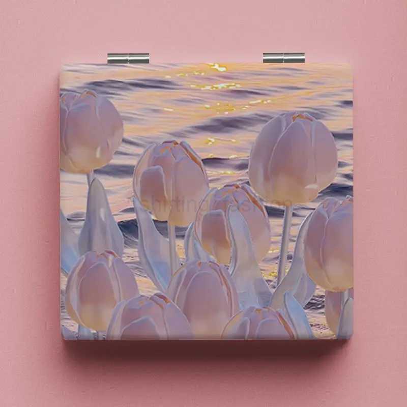 1pcs Tulip Bunny Cute Compact Mirror Makeup Mirror Square Folding Double-Sided Make Up Mirror Pocket Portable Compact For GirlsCL240708