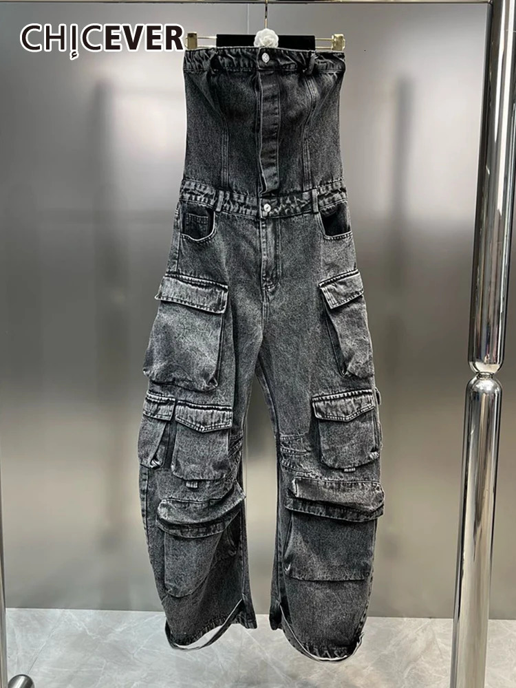 CHICEVER Streetwear Denim Jumpsuits For Women Strapless Sleeveless Off Shoulder High Waist Cargo Pants Y2K Style Jumpsuit Female 240701
