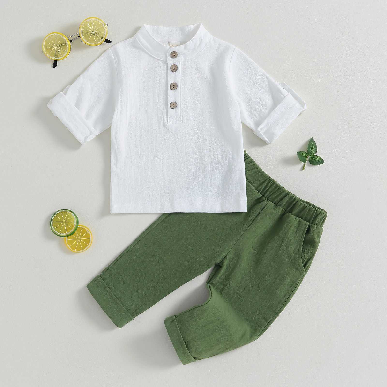 Clothing Sets Pudcoco Kid Baby Boys Summer Outfits Solid Color Buttons Short Sleeve Shirts and Elastic Waist Long Pants 2Pcs Clothes Set 6M-4T R240708