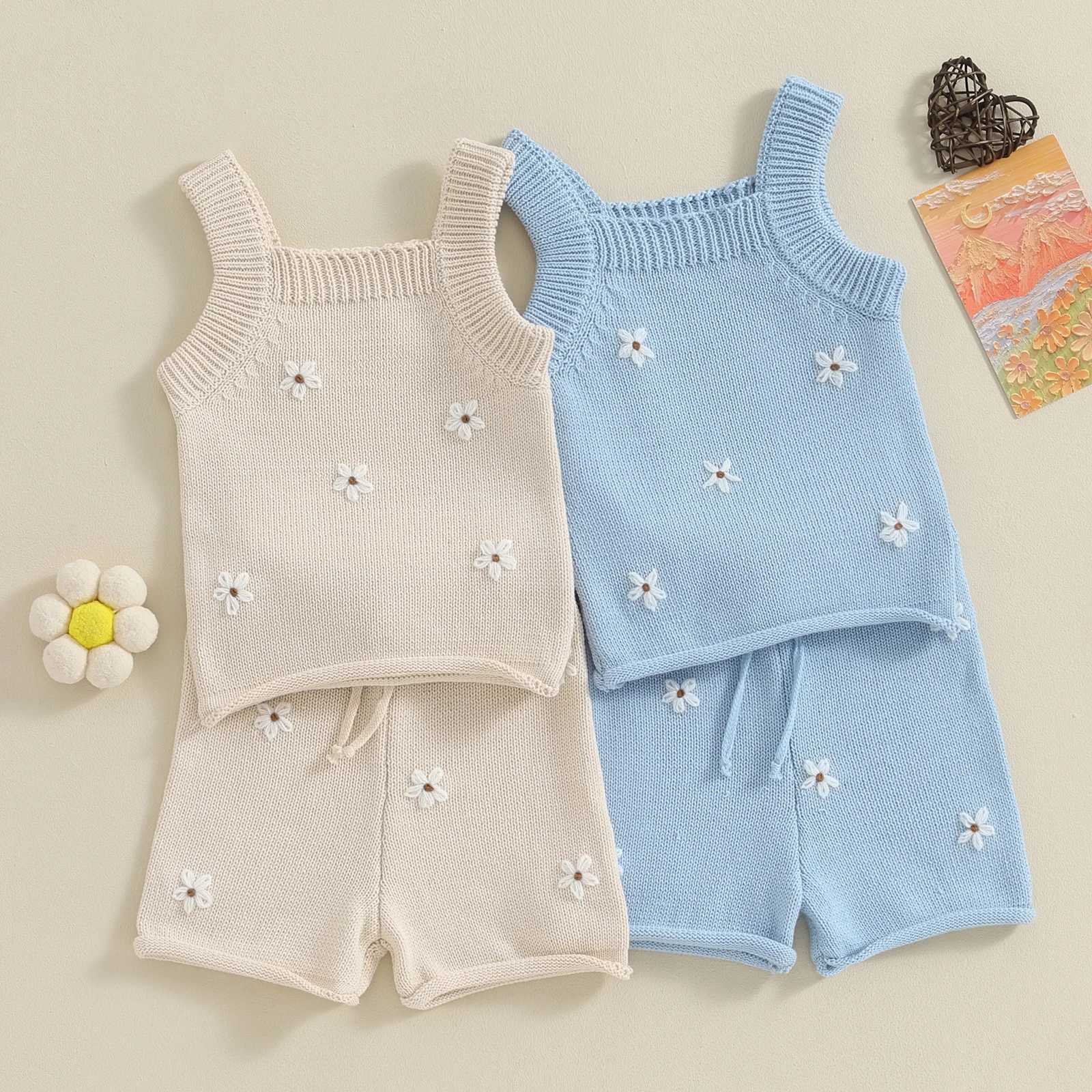 Clothing Sets Pudcoco Baby Girl Summer Outfit Flower Embroidered Camisoles Knit Tank Tops Drstring Elastic Waist Shorts 2Pcs Clothes 0-18M R240708