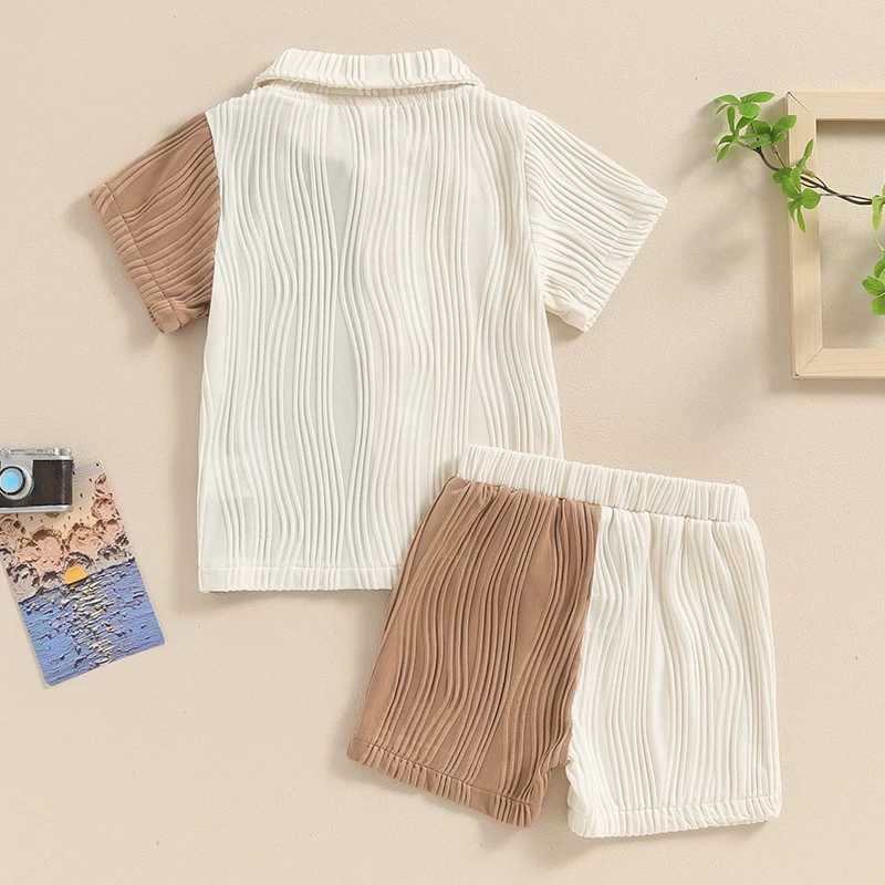 Clothing Sets 2024-03-18 Lioraitiin Kids Boys Summer Outfits Patchwork Textured Buttons Short Sleeve Tops and Elastic Waist Shorts Clothes Set R240708